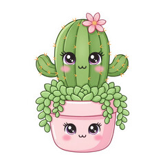 Cute kawaii cactus and succulent character with large expressive eyes and a pink flower in a pink pot, adorable digital illustration for kids