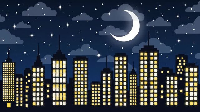 A dynamic animated city skyline showing transition from sunny day to starry night with glowing windows and celestial elements.