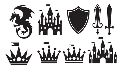 Naklejka premium fantasy icons dragon swords shield castles and crowns