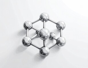 Metallic molecular structure, spherical atoms connected by rods, white background