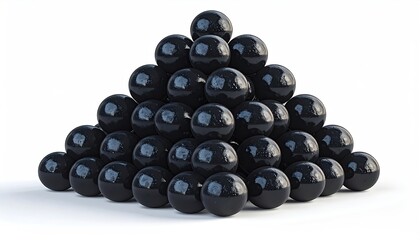 Pile of black, glossy spheres arranged in a pyramid on white background