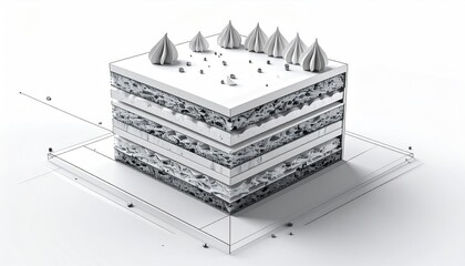 A monochrome architectural rendering of a layered square cake with decoration