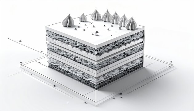 A monochrome architectural rendering of a layered square cake with decoration