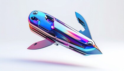 A sleek, iridescent multi-tool floats against a light background