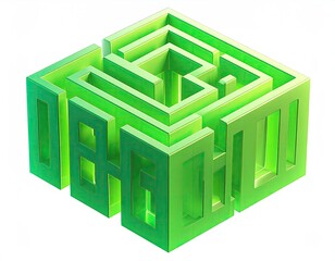 Green, isometric cube maze, rendered with light effects and glossy finish