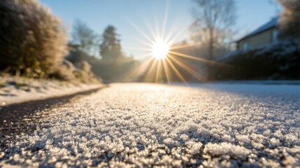 Sparkling snow and frost glisten under the bright winter sunshine, creating a magical morning scene.