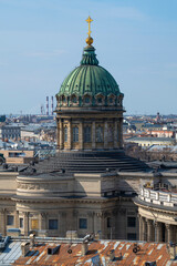 The dome of the Kazan Cathedral (Cathedral of the Kazan Icon of the Mother of God) is close-up on April day. Saint Petersburg, Russia