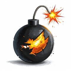 A black, spherical explosive with a lit fuse and fiery interior