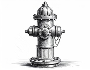 Detailed, hand-drawn sketch of a classic, metallic fire hydrant