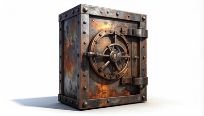 Weathered, rusted metal safe with a heavy, circular door and bolt