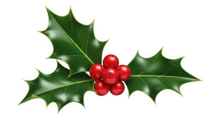 Classic Christmas Holly Branch with Three Green Spiky Leaves and Red Berries, Festive Winter Holiday Symbol Isolated on White