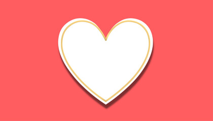 Minimal romantic illustration of a white heart with subtle gold outline and soft shadow on a coral red background symbolizing love affection valentine romance and elegance