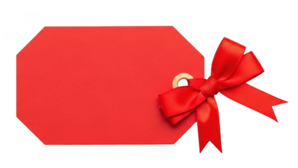 Red octagonal tag with red satin bow isolated on transparent background red tag label