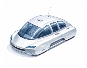 Futuristic concept car, smooth white, tinted windows, aerial, artistic rendering