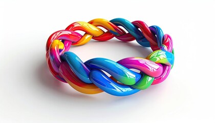 Colorful, intertwined ring made of glossy, twisted strands on white