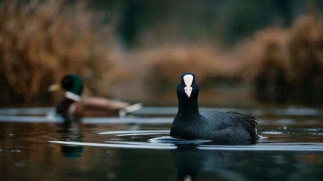 Serene black waterfowl swimming on calm lake with autumn surroundings