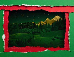 Landscape seen through torn paper frame of red and green