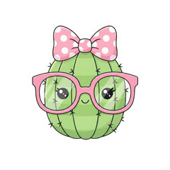 Cute Kawaii Cactus Character Wearing Pink Glasses and a Polka Dot Bow, Adorable Succulent Illustration for Stationery and Apparel