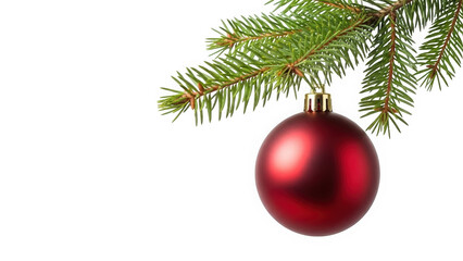 Red Christmas Ball Ornament Hanging on a Green Pine Branch, Festive Holiday Decoration with Copyspace on White Background