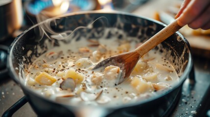 Close-up of cooking process New England clam chowder, wooden spoon stirring creamy white soup in black cast iron pot on stovetop, visible chunks of clams and potatoes, steam rising