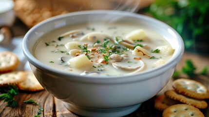 A steaming bowl of authentic New England clam chowder in a white ceramic bowl, creamy white soup with visible clam pieces, diced potatoes, and fresh herbs