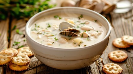 A steaming bowl of authentic New England clam chowder in a white ceramic bowl, creamy white soup with visible clam pieces, diced potatoes, and fresh herbs