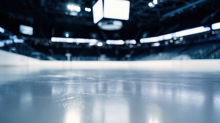 Empty professional ice hockey arena wide shot: pristine ice, softly blurred seating, cool blue cinematic lighting creates pre-game anticipation on ice