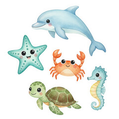 Set of Cute Watercolor Marine Animals Including Dolphin, Sea Turtle, Crab, Seahorse, and Starfish, Hand-Drawn Nursery Illustration Isolated on White Background