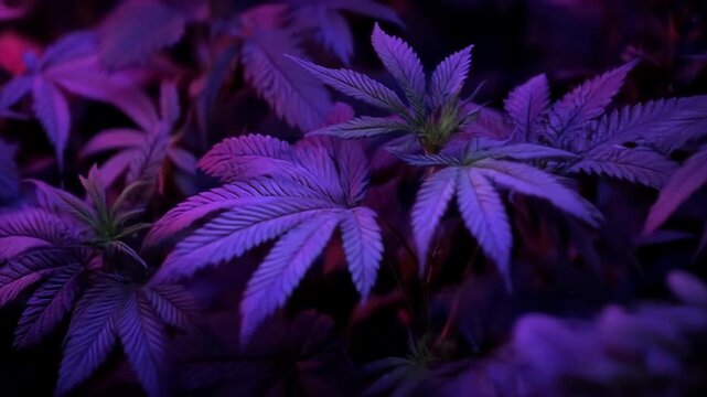 Purple toned cannabis plant leaves under artificial lighting conditions