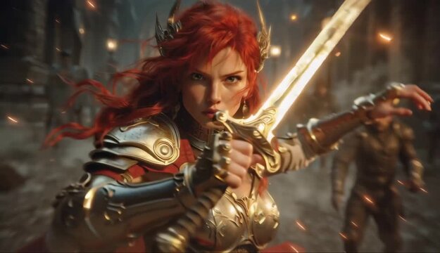 Fierce Redhead Warrior with Sword - A Fantasy Battle Scene.