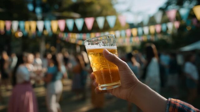Festive outdoor celebration with people holding beer glasses under colorful bunting
