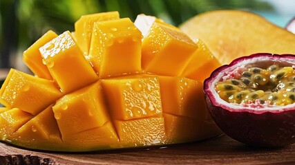 Exotic tropical fruits closeup featuring a perfectly cut vibrant yelloworange mango in a hedgehog style alongside a halved passion fruit showcasing their fresh juicy pulp and seeds on a rustic wooden.
