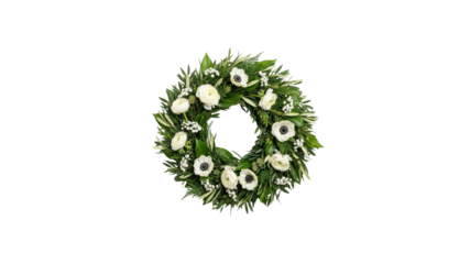 White flower wreath with green leaves