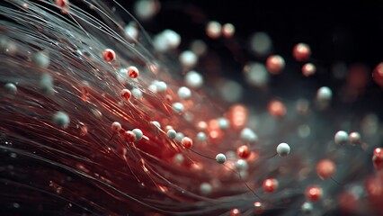 Abstract macro view of delicate strands with glowing red and white spheres, evoking organic growth and scientific discovery