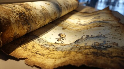 Small curious child embarks on an exciting exploration across an ancient illustrated map