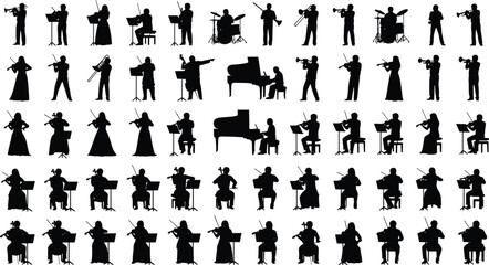 Musician silhouette illustration set, orchestra vector artwork, violin cello piano drum trumpet design, conductor artwork, musical performance artwork © Tanzila
