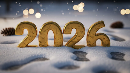 Golden 2026 numbers submerged in snow with bokeh lights and pine cone for New Year celebration