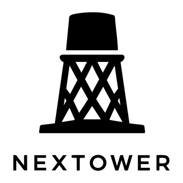 Modern minimalist black and white logo for Nextower featuring a stylized industrial tower icon design