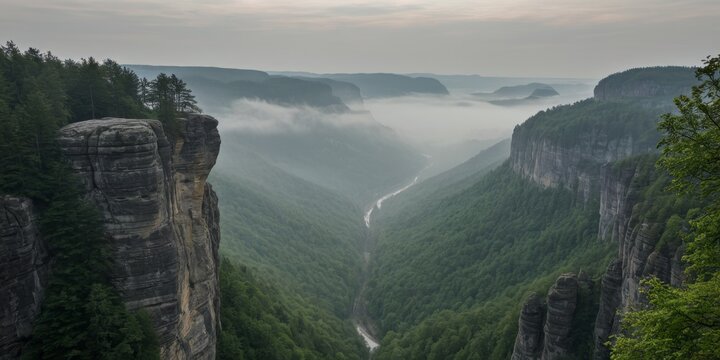 Monolithische Felsnadel ragt aus nebelverhangener Waldschlucht im Morgenlicht