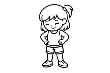 Obraz premium Cute cartoon girl in athletic wear, black outline on grey background