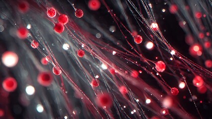 Intriguing microscopic view of vibrant red spheres on delicate filament structures with shimmering light effects creating a futuristic, abstract science background.