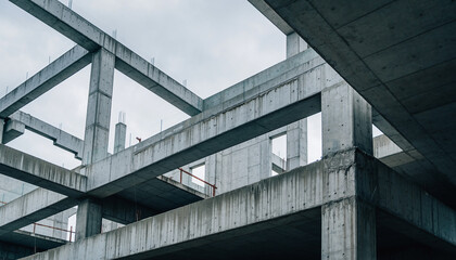 Modern concrete building framework under construction with cloudy sky