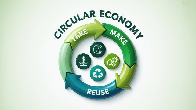 Vibrant three dimensional circular economy diagram illustrating sustainable production and reuse cyc
