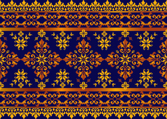 Pixel art vector textile pattern with layered horizontal bands, featuring symmetrical floral and geometric motifs in gold and orange tones on a deep blue background. Pixel art pattern