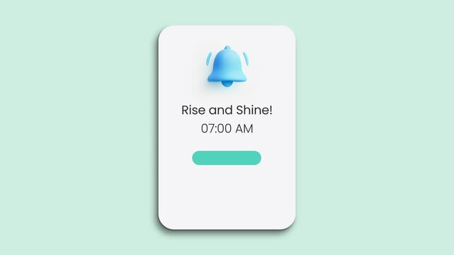 Animated Alarm App UI with 3D Blue Bell Icon and Rise and Shine Notification