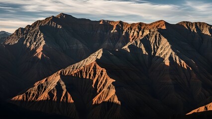 An expansive view of sharp, jagged mountain ridges. The low sun highlights the intricate textures of the rock and the steep slopes