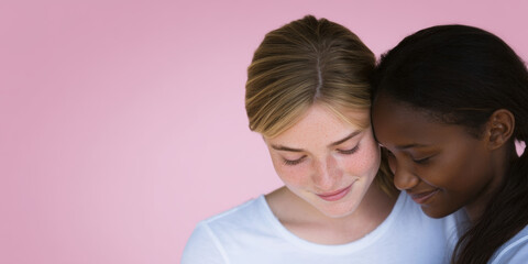People togetherness comforting partner couple lesbian family support empathy diversity mixed multicultural adult smiling happy lifestyle communication portrait background copy space awareness