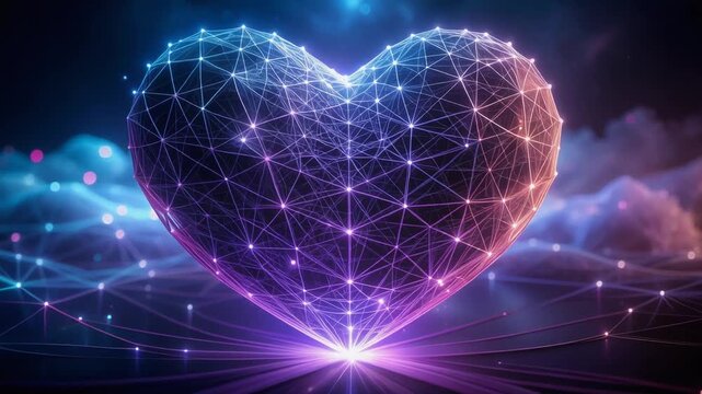 Vibrant Polygonal Heart Illuminating a Futuristic Digital Network Landscape