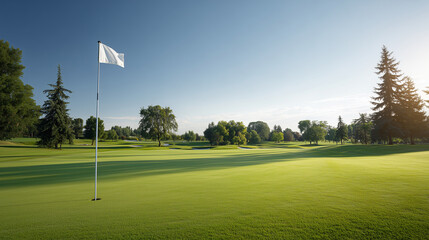 Obraz premium Golf course green with flag under blue sky
