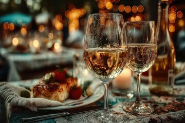 Elegant outdoor dining scene with wine glasses, food, and soft bokeh lights
